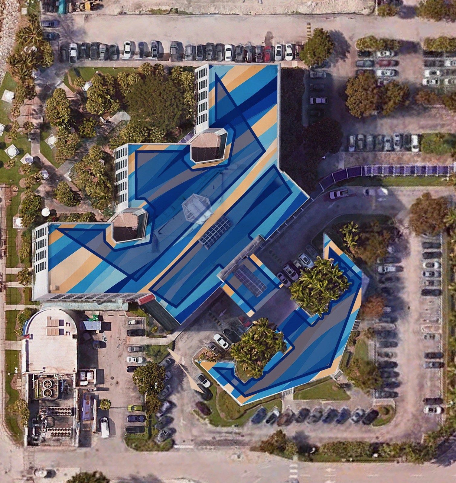 Aerial view of a geometric blue and sand rooftop artwork, Royal Caribbean campus